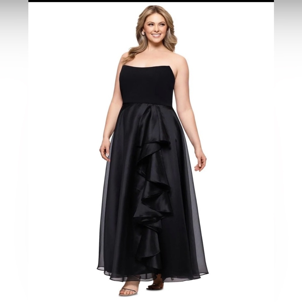 Betsy & Adam Strapless Black Ruffled A-Line Gown - Picture 2 of 4